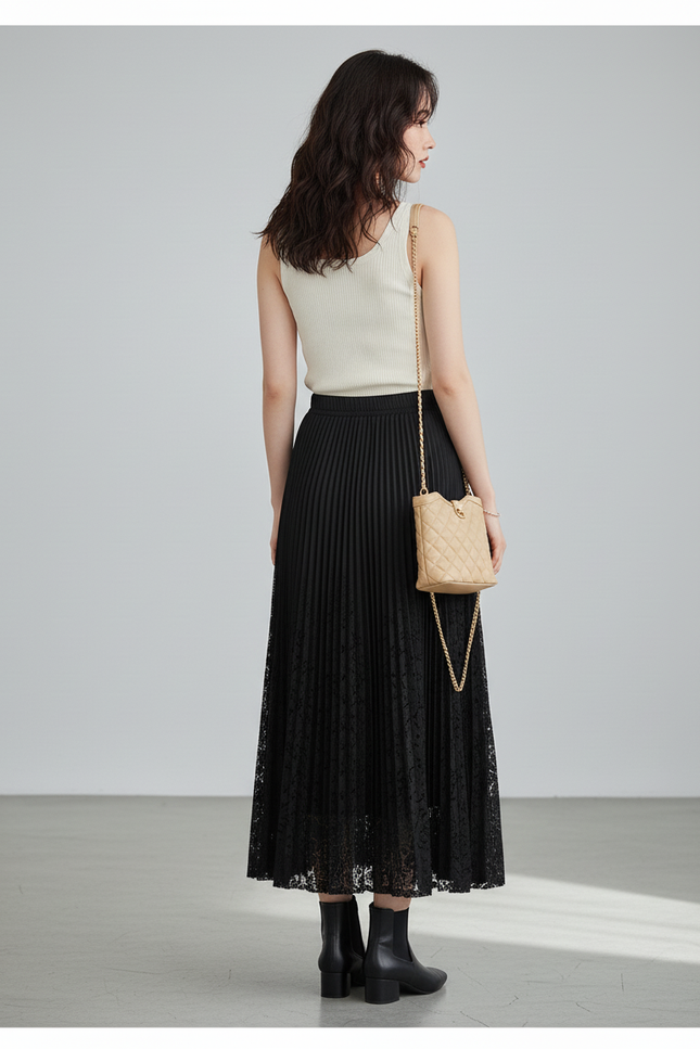 Jupe Longue Plissée Dentelle Élégante Mode