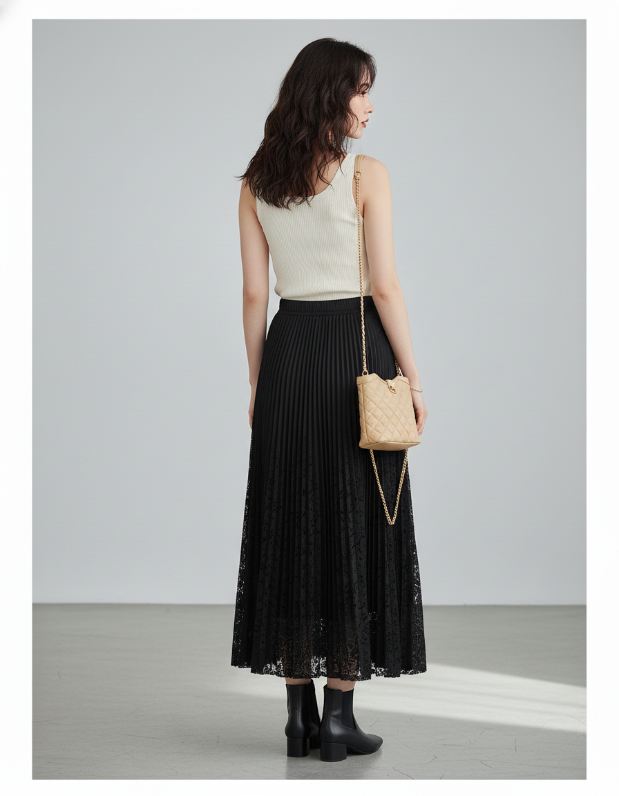 Jupe Longue Plissée Dentelle Élégante Mode