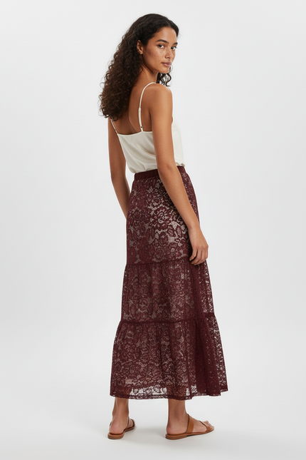 Jupe Longue Dentelle Bordeaux Élégante