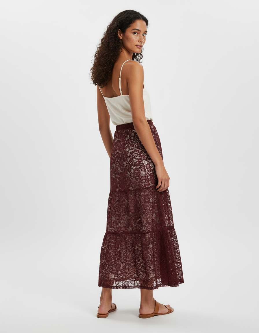 Jupe Longue Dentelle Bordeaux Élégante