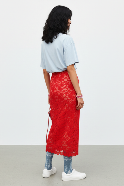 Jupe Longue Rouge Dentelle Élégante
