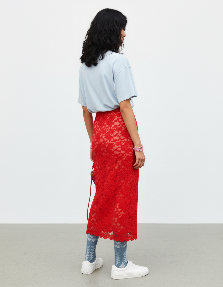 Jupe Longue Rouge Dentelle Élégante