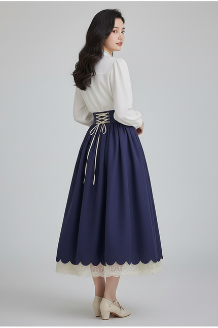 Jupe Longue Bleu Marine Lacets Vintage