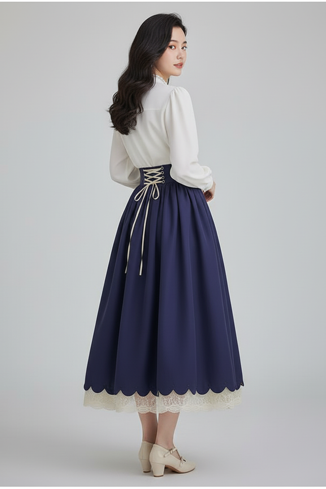 Jupe Longue Bleu Marine Lacets Vintage