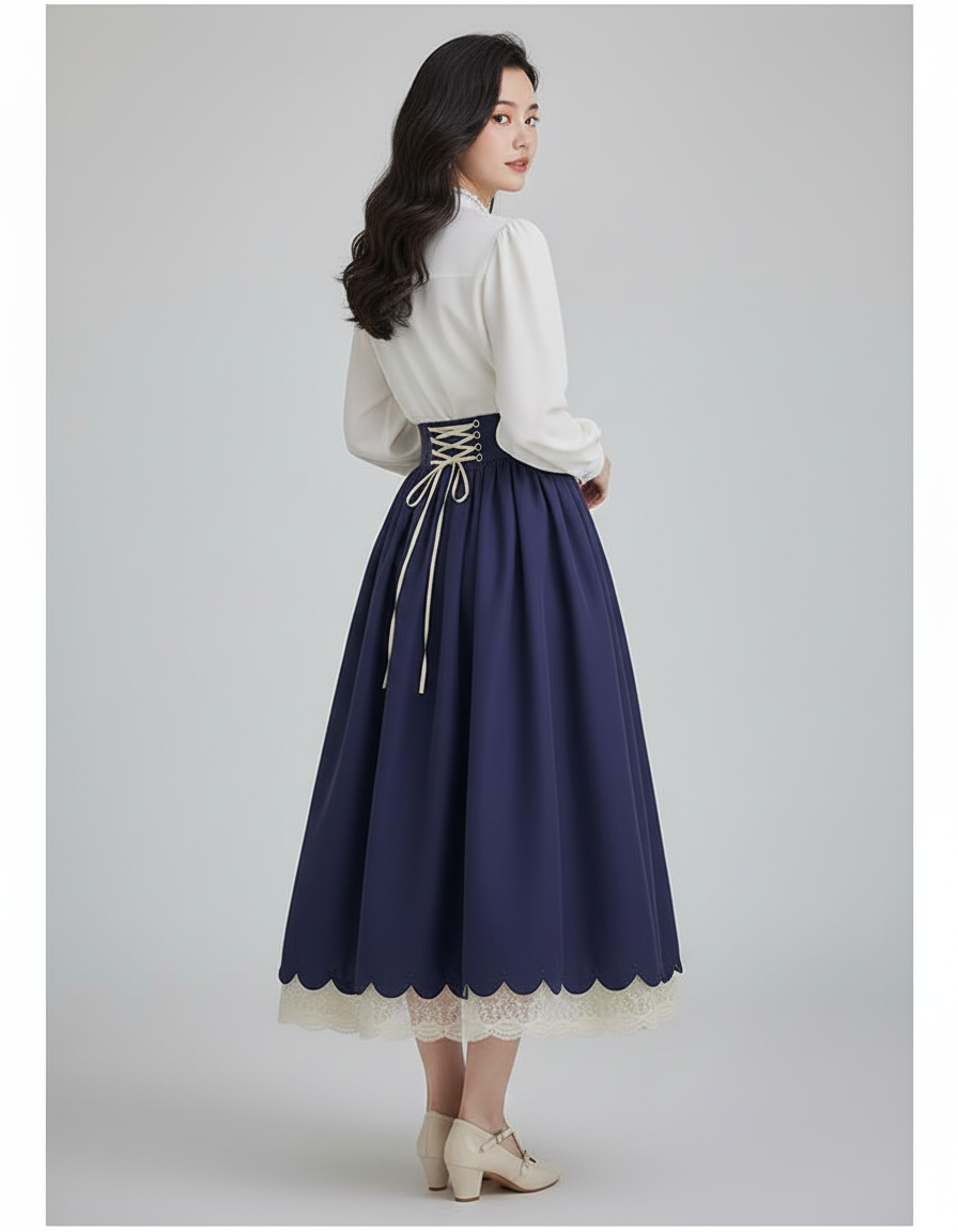 Jupe Longue Bleu Marine Lacets Vintage