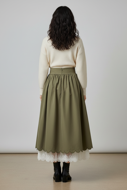 Jupe Longue Kaki Taille Lacée Vintage