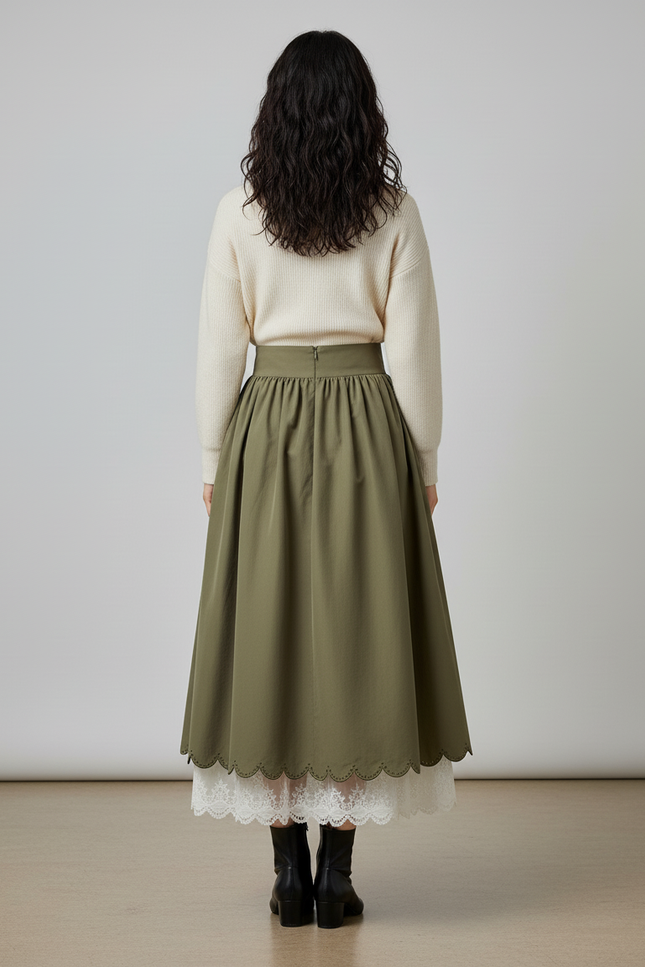 Jupe Longue Kaki Taille Lacée Vintage