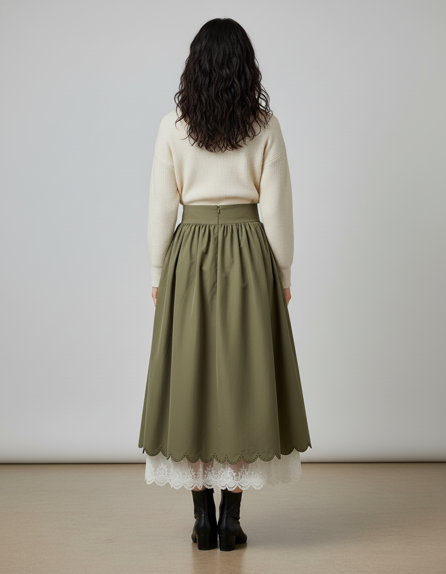 Jupe Longue Kaki Taille Lacée Vintage