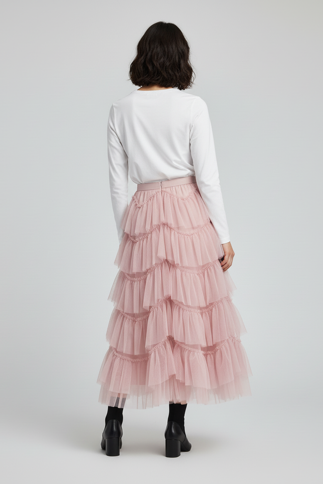 Jupe Longue Rose Poudré Volants Chic