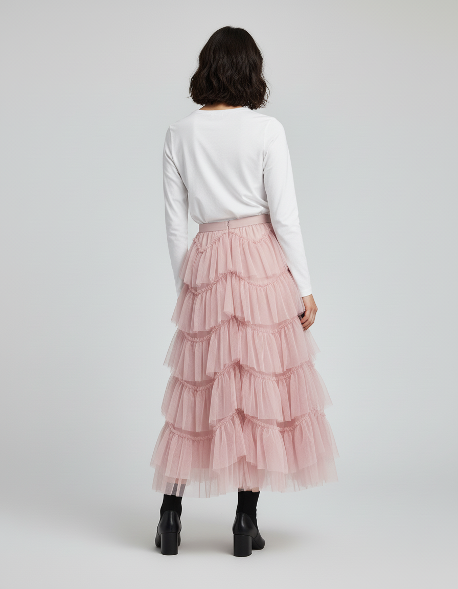 Jupe Longue Rose Poudré Volants Chic