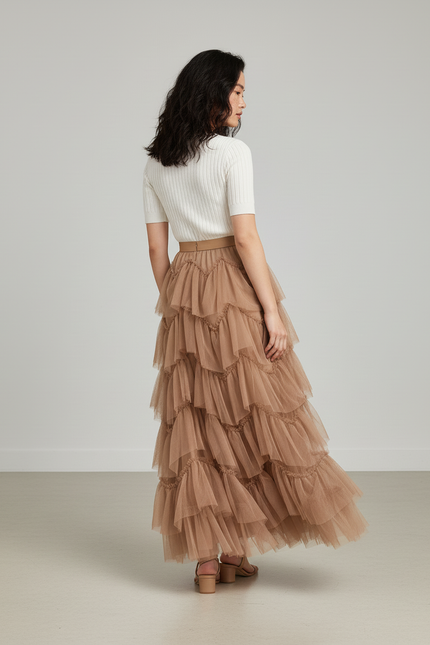 Jupe Longue Beige Tulle Volants Élégante