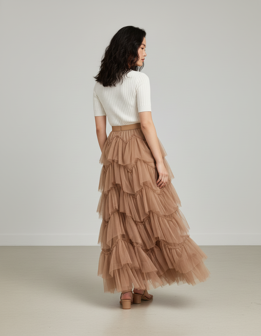 Jupe Longue Beige Tulle Volants Élégante