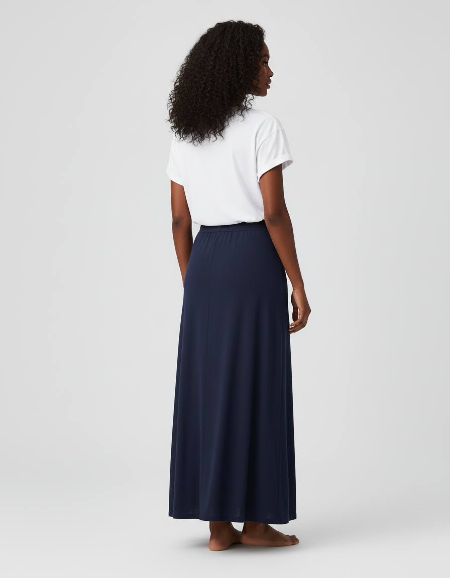 Jupe Longue Maille Fluide Bleu Marine Fendue