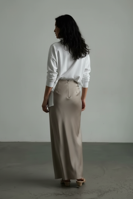 Jupe Longue Satin Taupe Fluide