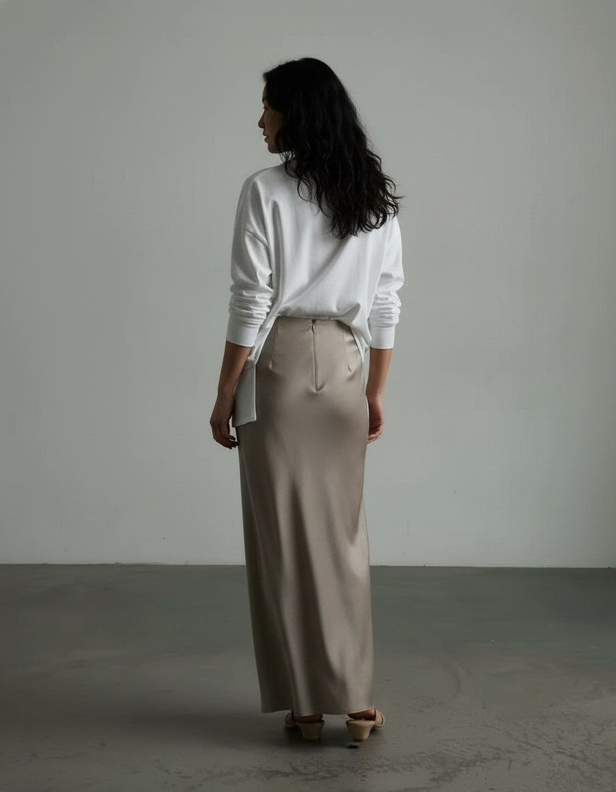 Jupe Longue Satin Taupe Fluide