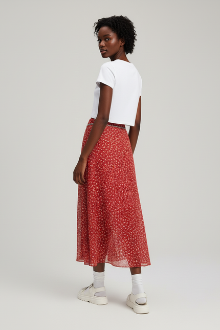 Jupe Longue Rouge Florale Fluide