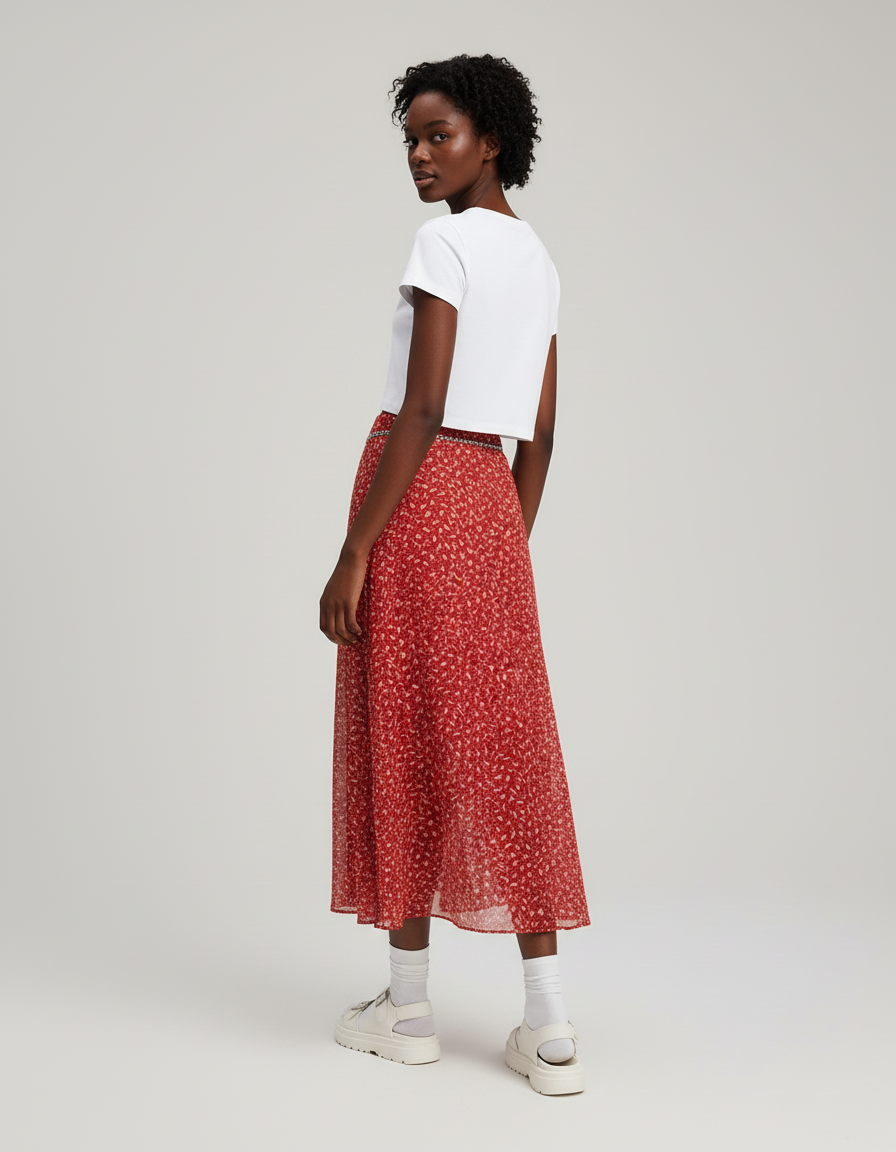 Jupe Longue Rouge Florale Fluide