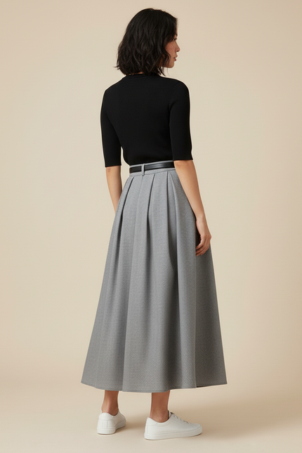 Jupe Longue Grise Plissée Élégante Femme