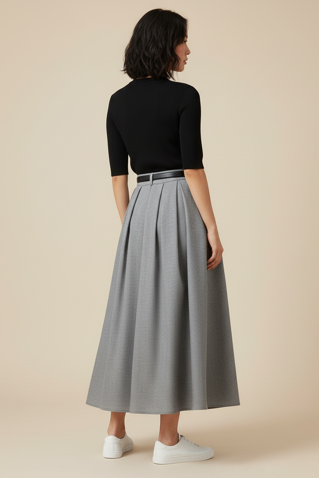 Jupe Longue Grise Plissée Élégante Femme
