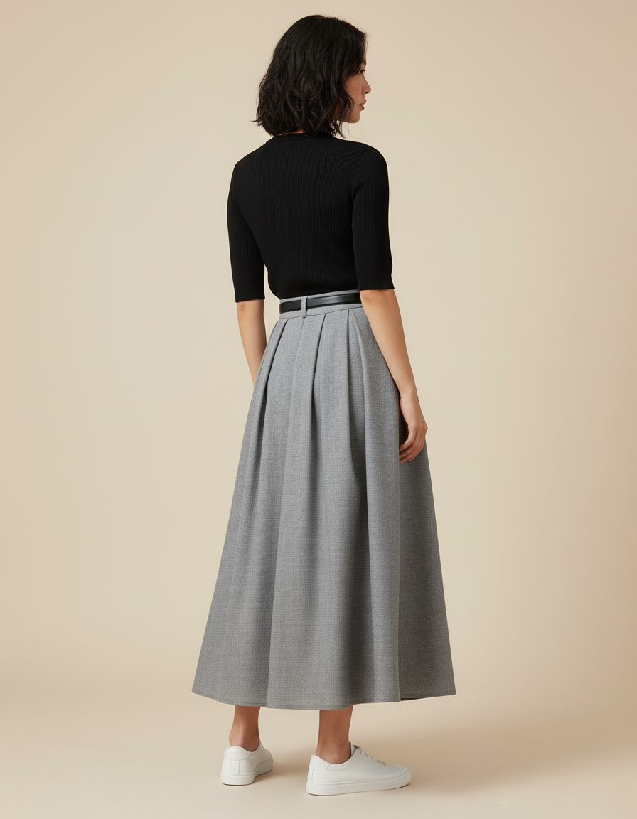 Jupe Longue Grise Plissée Élégante Femme