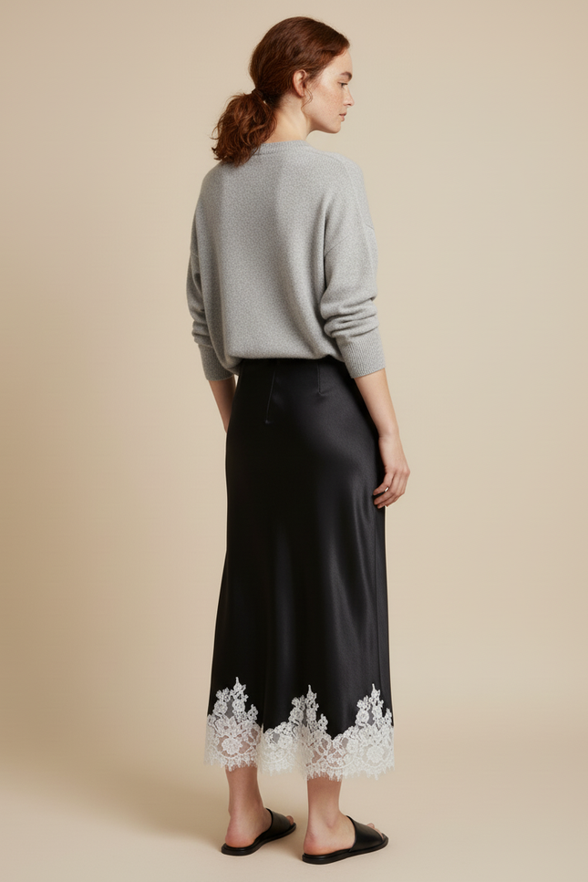 Jupe Longue Satin Dentelle Élégante Chic