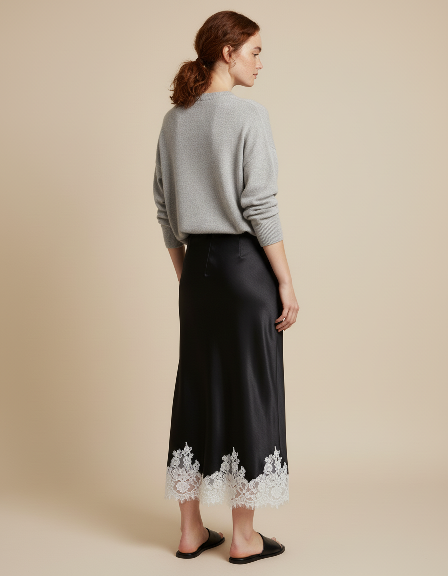 Jupe Longue Satin Dentelle Élégante Chic