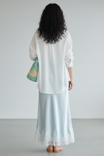 Jupe Longue Satin Dentelle Bleue Chic