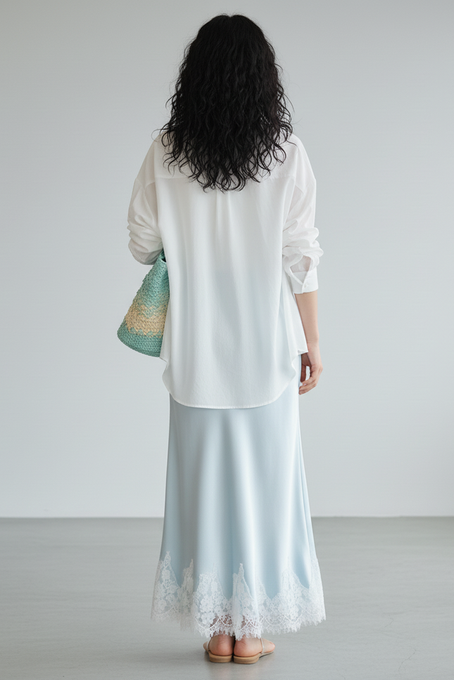 Jupe Longue Satin Dentelle Bleue Chic