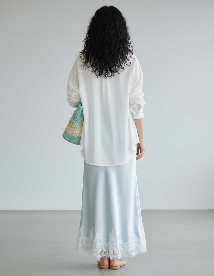 Jupe Longue Satin Dentelle Bleue Chic