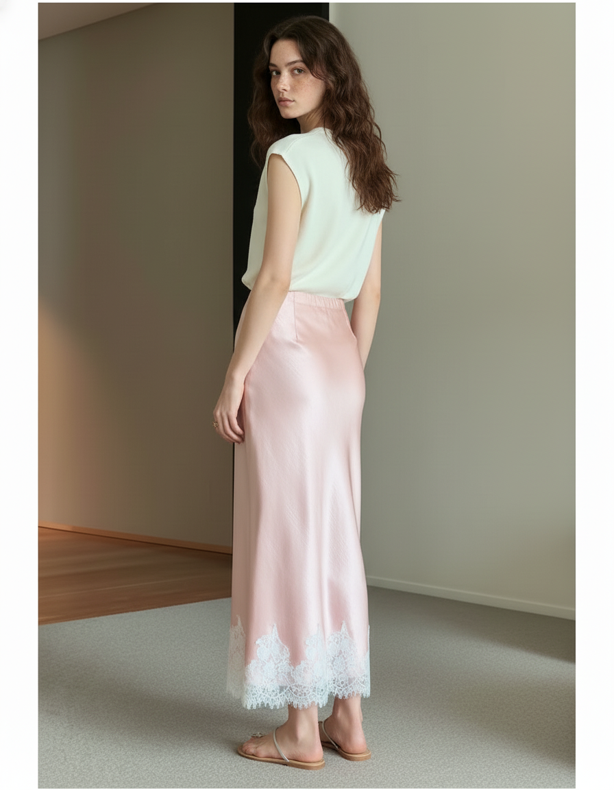 Jupe Longue Rose Satin Dentelle Élégante