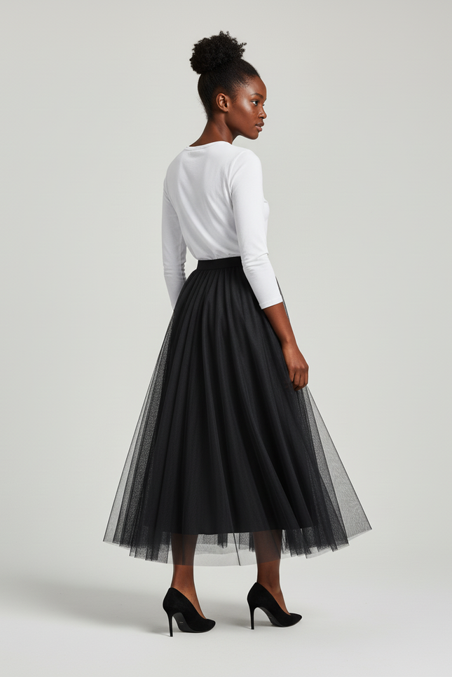 Jupe Longue Plissée Tulle Noire