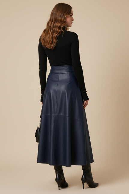 Jupe Longue Bleu Marine Similicuir Élégante