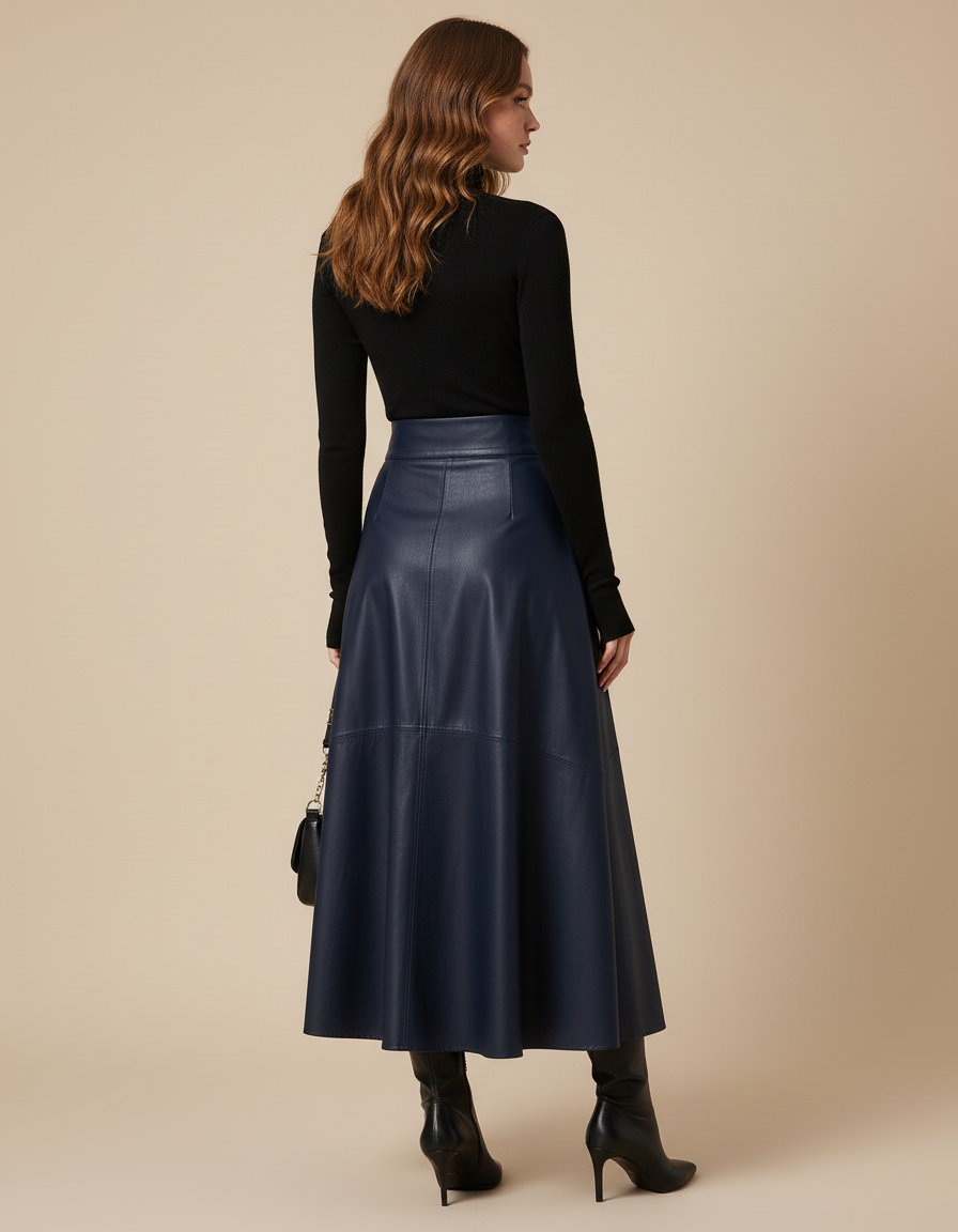 Jupe Longue Bleu Marine Similicuir Élégante