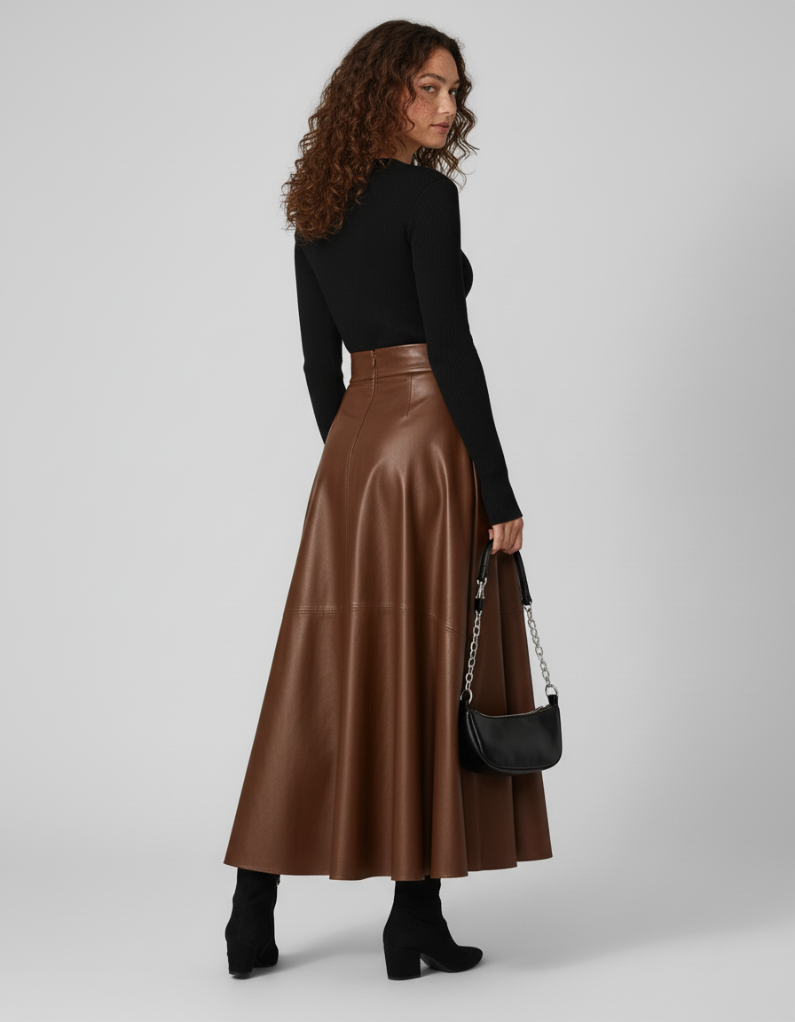 Jupe Longue Marron Similicuir Élégante