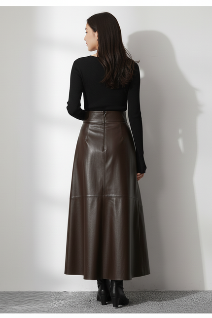 Jupe Cuir Marron Mi-Longue