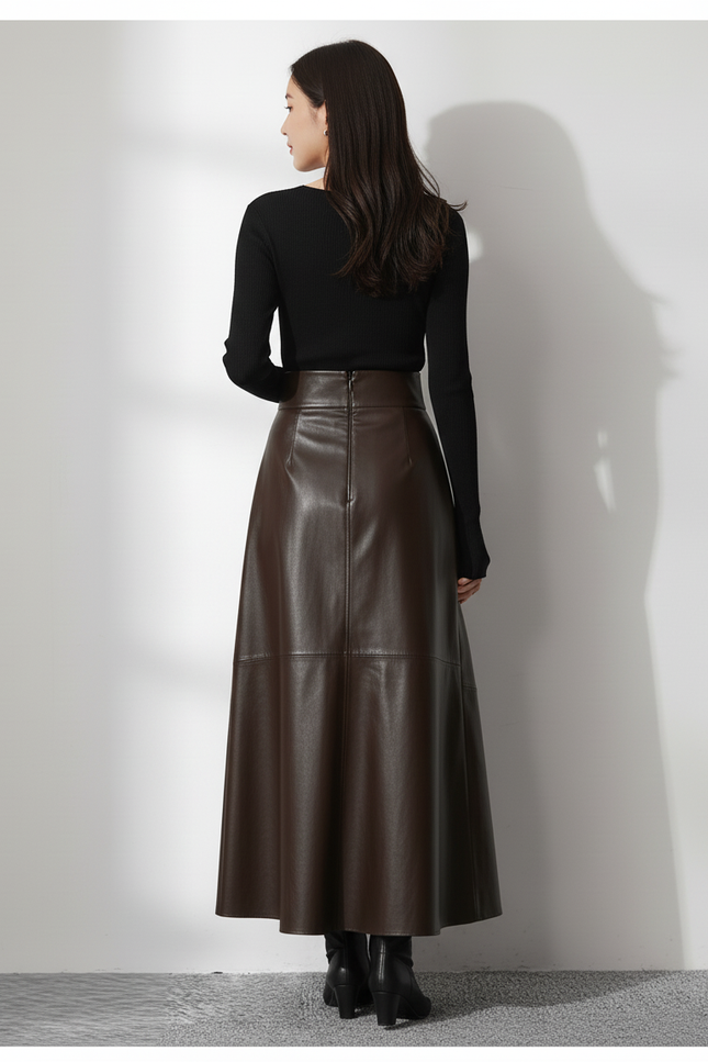 Jupe Cuir Marron Mi-Longue