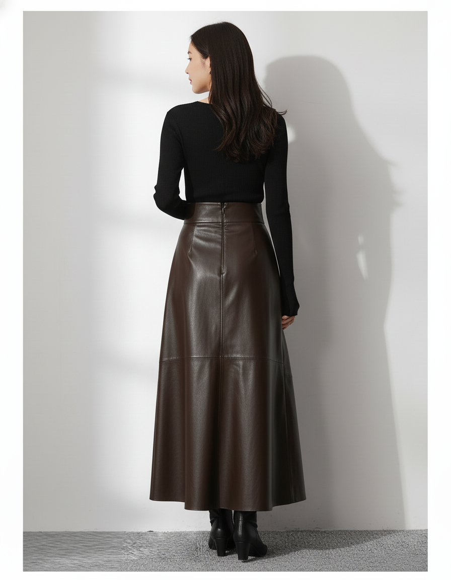 Jupe Cuir Marron Mi-Longue