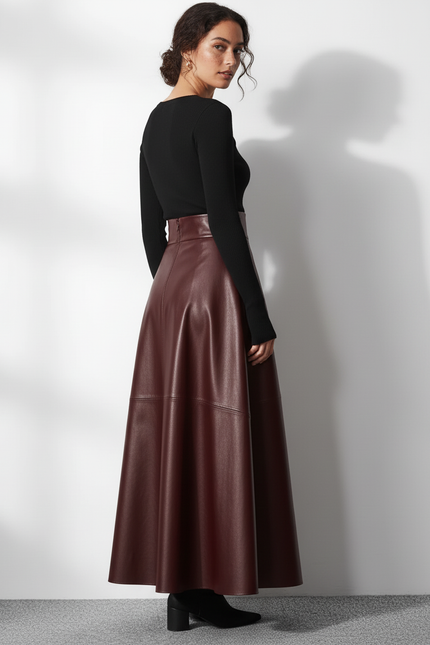Jupe Longue Bordeaux Simili Cuir Élégante