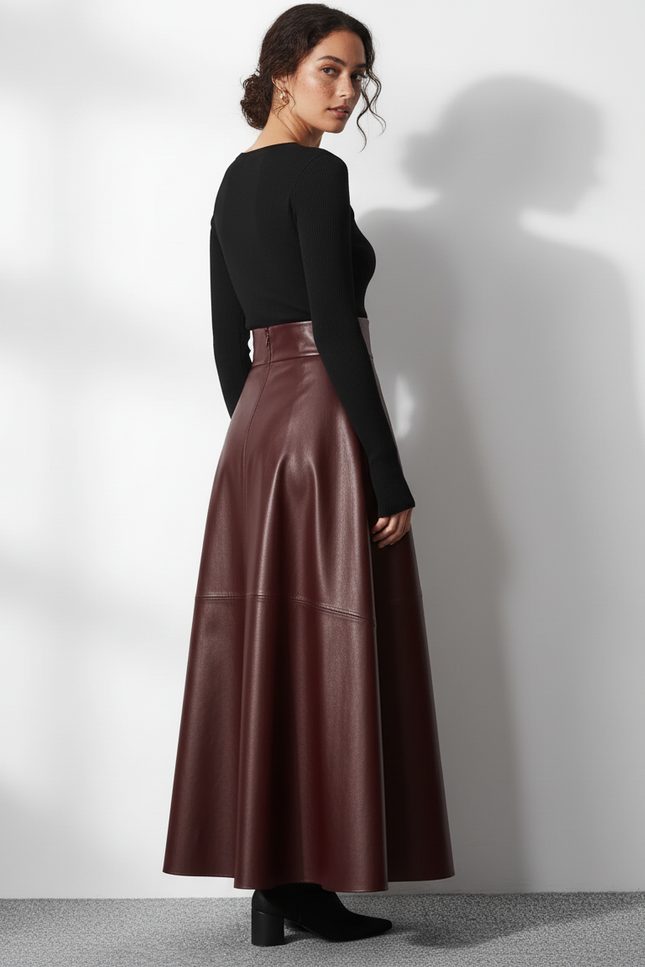 Jupe Longue Bordeaux Simili Cuir Élégante