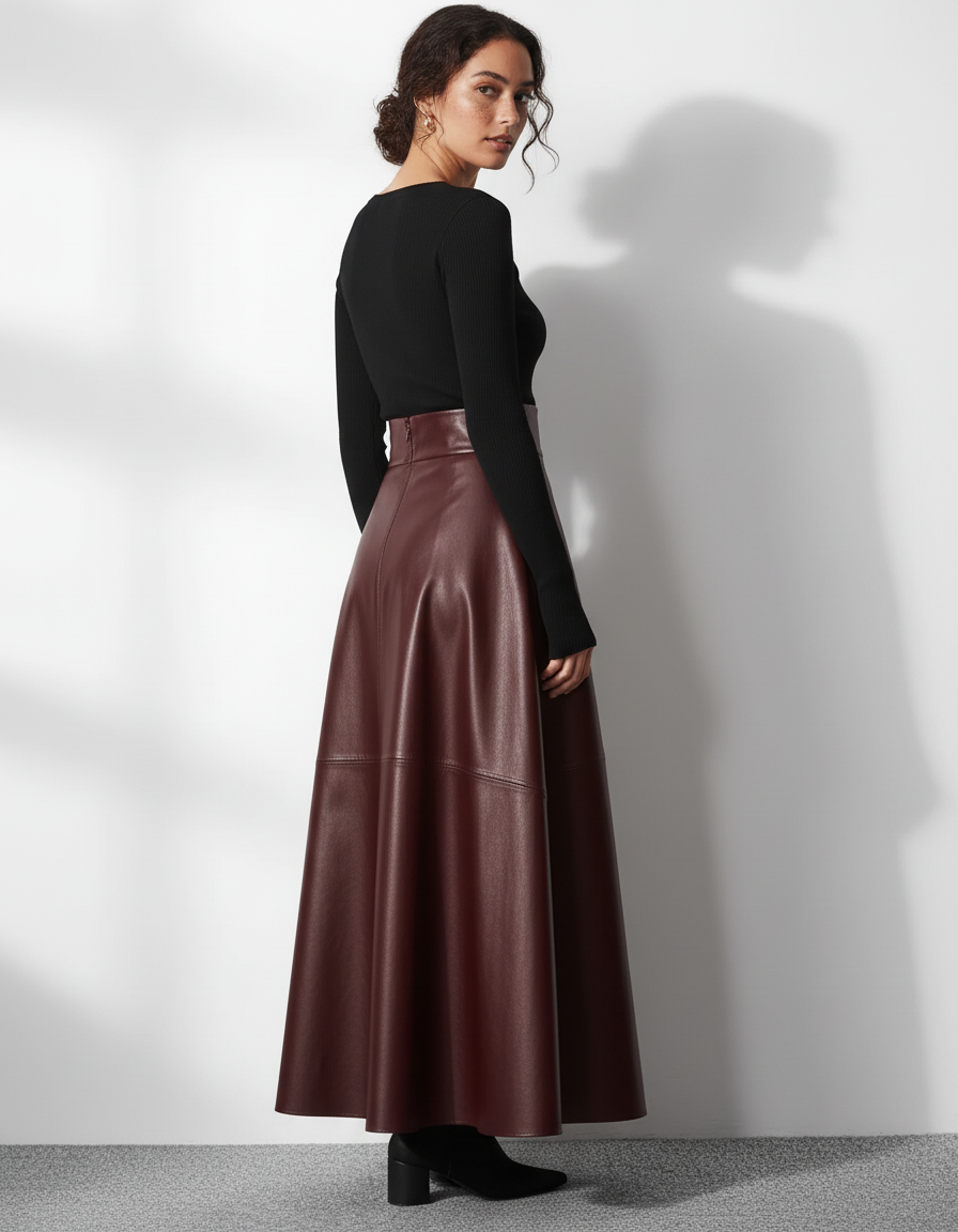 Jupe Longue Bordeaux Simili Cuir Élégante