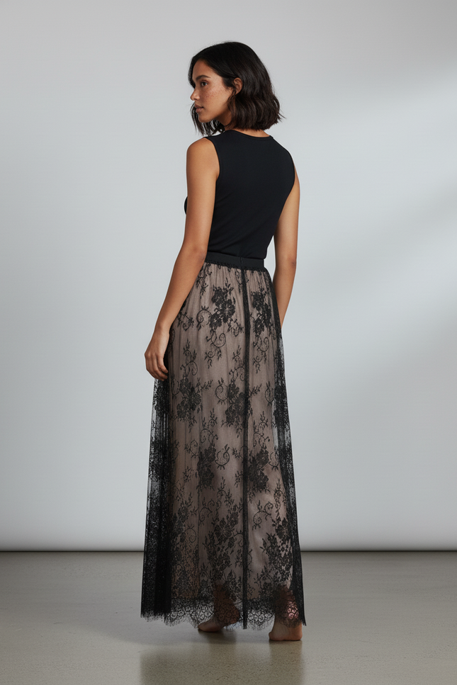 Jupe Longue Dentelle Noire Transparente Élégante