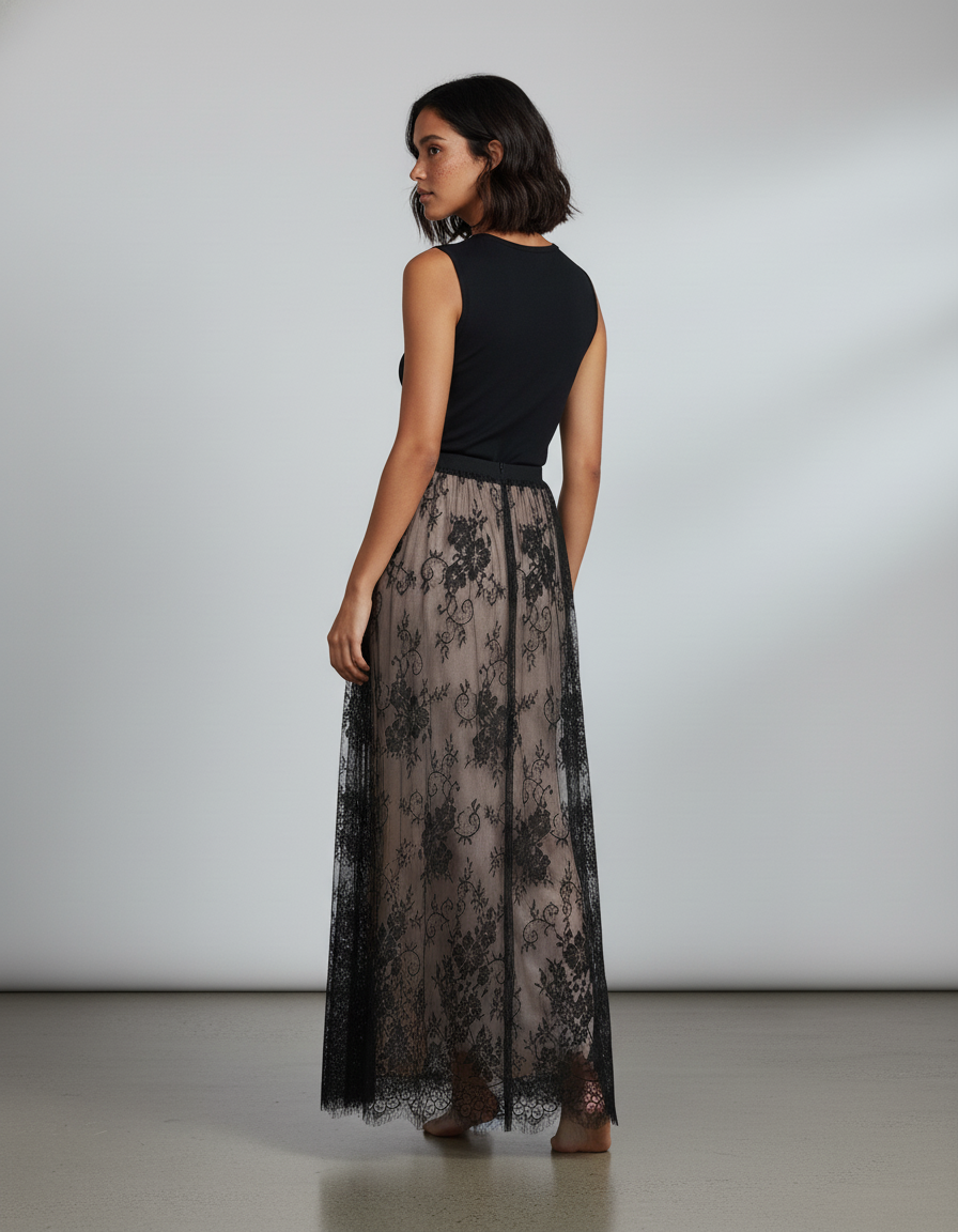 Jupe Longue Dentelle Noire Transparente Élégante