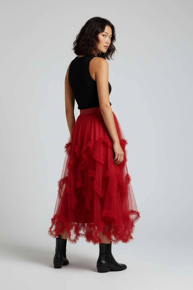 Jupe Longue Tulle Rouge Asymétrique Chic