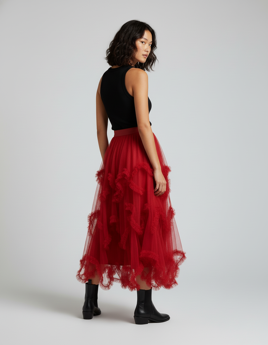 Jupe Longue Tulle Rouge Asymétrique Chic