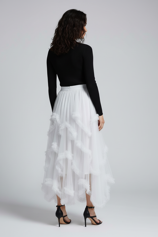 Jupe Longue Blanche Tulle Volants Élégante