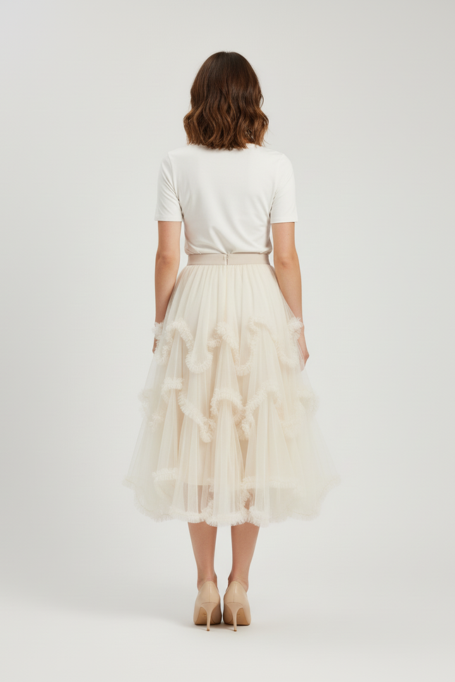 Jupe Longue Tulle Beige Volants Élégante