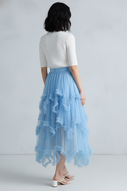 Jupe Longue Tulle Bleue Volants Fluide