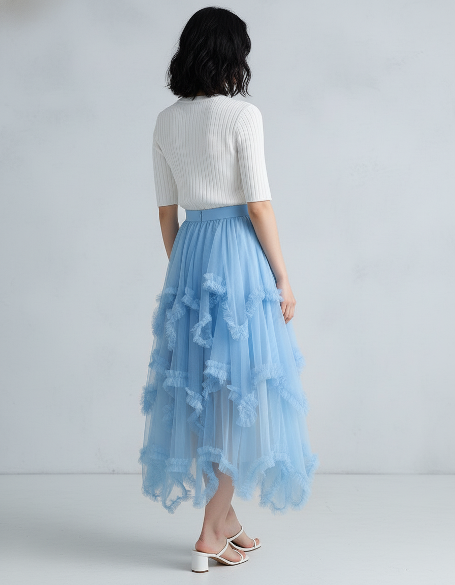 Jupe Longue Tulle Bleue Volants Fluide