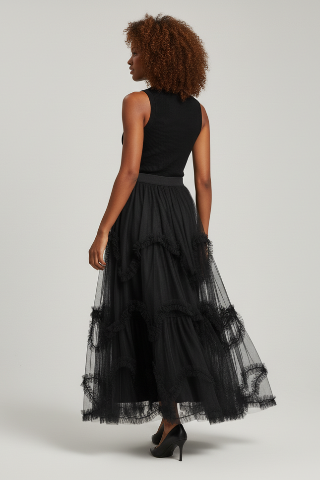 Jupe Longue Noire Tulle Volants Élégante