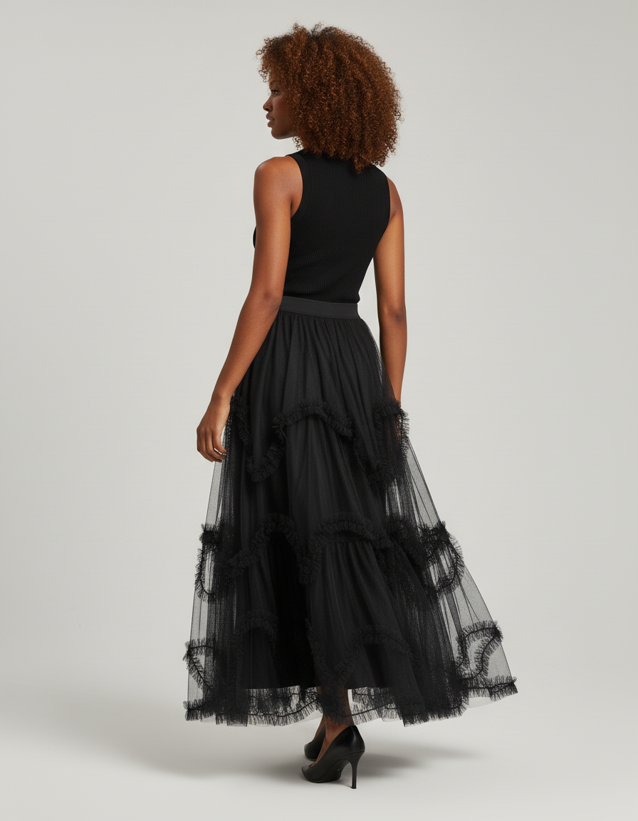 Jupe Longue Noire Tulle Volants Élégante